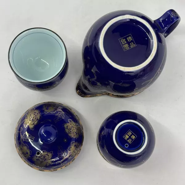 8-Piece Cobalt Blue With Gold Floral Pattern Teapot and Cup Set From Taiwan