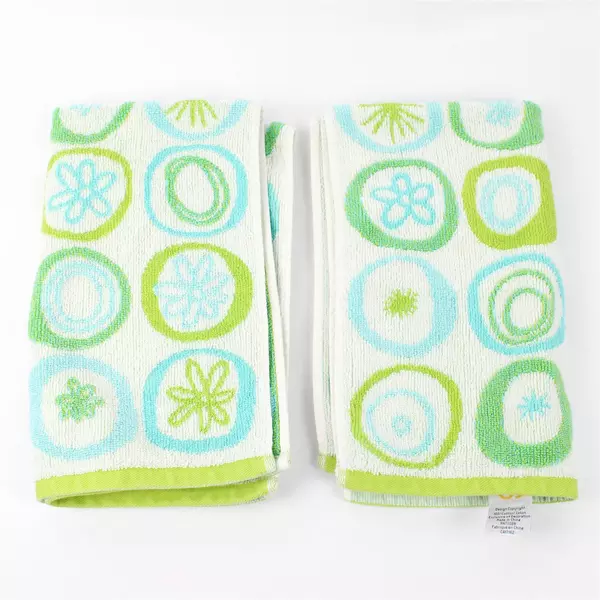 Lot Of 2 Matching Creative Bath 100% Cotton Hand Towels 70s Inspired Blue/Green
