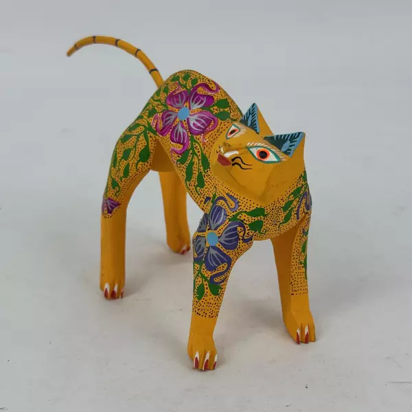 Blanca Gomez Hand Carved And Painted Wood Yellow Cat Figurine W/ Floral Pattern