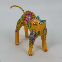 Blanca Gomez Hand Carved And Painted Wood Yellow Cat Figurine W/ Floral Pattern