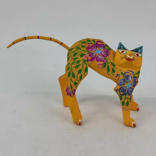 Blanca Gomez Hand Carved And Painted Wood Yellow Cat Figurine W/ Floral Pattern