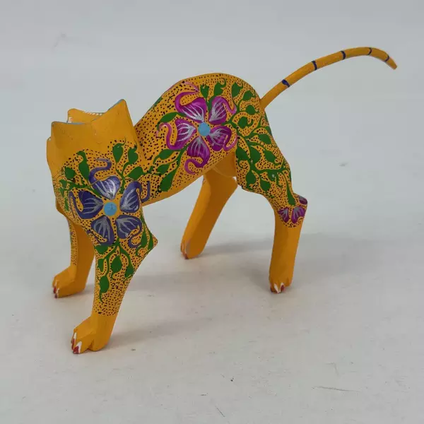 Blanca Gomez Hand Carved And Painted Wood Yellow Cat Figurine W/ Floral Pattern