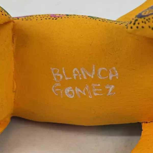 Blanca Gomez Hand Carved And Painted Wood Yellow Cat Figurine W/ Floral Pattern