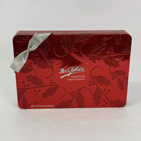 Mrs. Fields Red Christmas Holly & Ivy Collectible Tin Empty Chocolates Container
