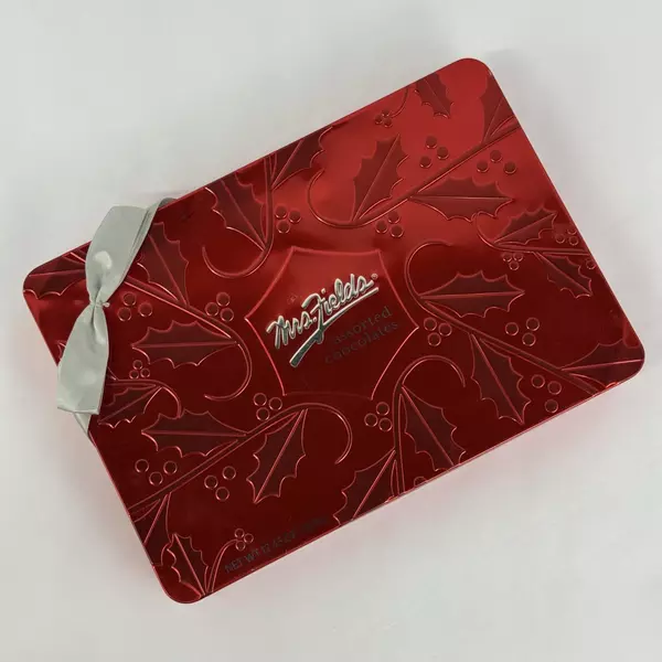 Mrs. Fields Red Christmas Holly & Ivy Collectible Tin Empty Chocolates Container