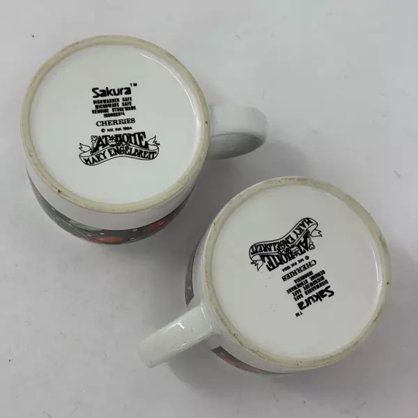 1994 Set of 2 At Home with Mary Engelbreit Sakura Cherries 6 Oz Coffee Mugs Cups