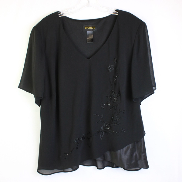 Studio I Beaded Embroidered Black Short Sleeve V-Neck Blouse Women's Size 24W