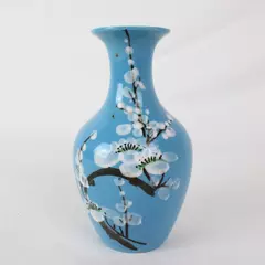 Vintage 6" Hand Painted Japanese Cherry Blossom Bud Vase Blue Flower Retro