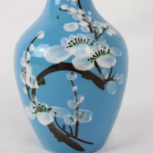Vintage 6" Hand Painted Japanese Cherry Blossom Bud Vase Blue Flower Retro