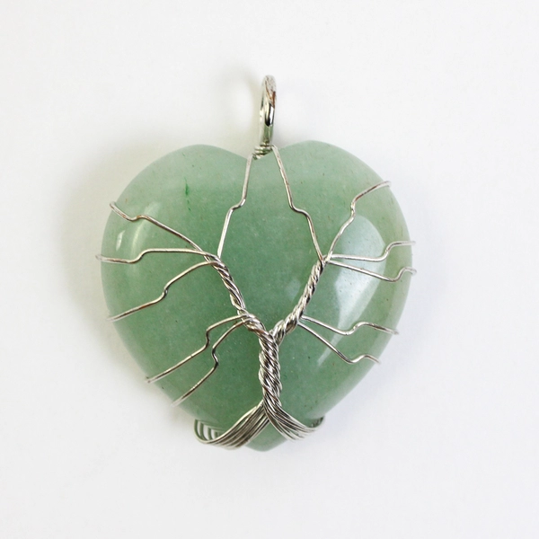 Wire Wrapped Green Aventurine Tree of Life Heart Pendant