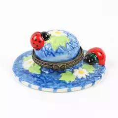 Unbranded Ceramic/Porcelain Trinket Box Blue Sun Hat With Lady Bugs 3" Diameter