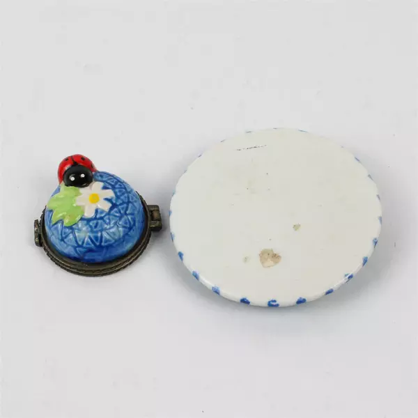 Unbranded Ceramic/Porcelain Trinket Box Blue Sun Hat With Lady Bugs 3" Diameter