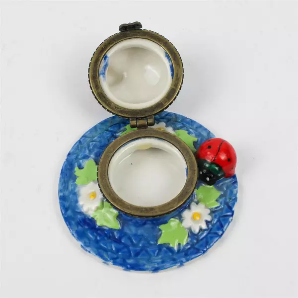 Unbranded Ceramic/Porcelain Trinket Box Blue Sun Hat With Lady Bugs 3" Diameter