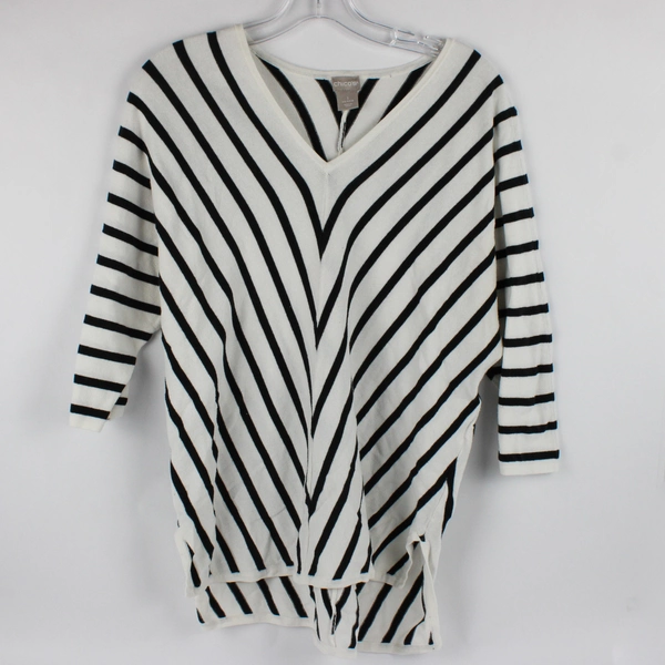 Chico's Women's M Black and White V Pattern Short Sleeve Blouse