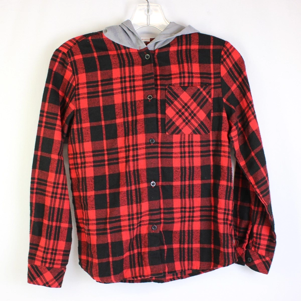 Unbranded Black and Red Plaid Hooded Button-Up Boys' Size 11-12Y