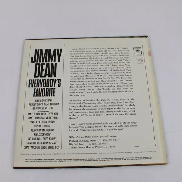 Jimmy Dean Everybody's Favorite Vinyl LP Record Pre-Owned Condition