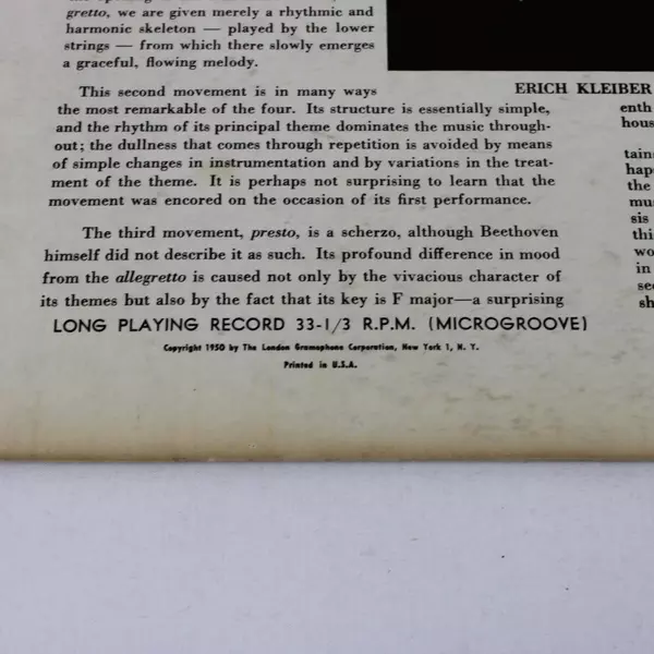 Beethoven Symphony No. 7 Erich Kleiber Amsterdam Orchestra LP