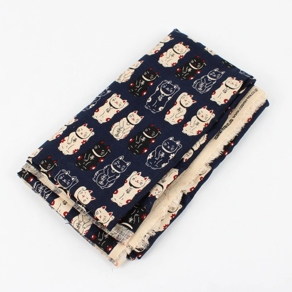 Cosmo Textile Co. Navy Blue Kawaii Lucky Cat Fabric 1 Yd x 44" W