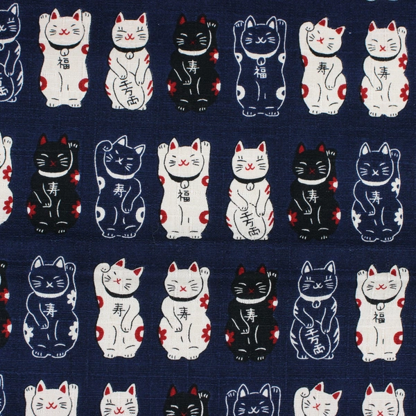 Cosmo Textile Co. Navy Blue Kawaii Lucky Cat Fabric 1 Yd x 44" W