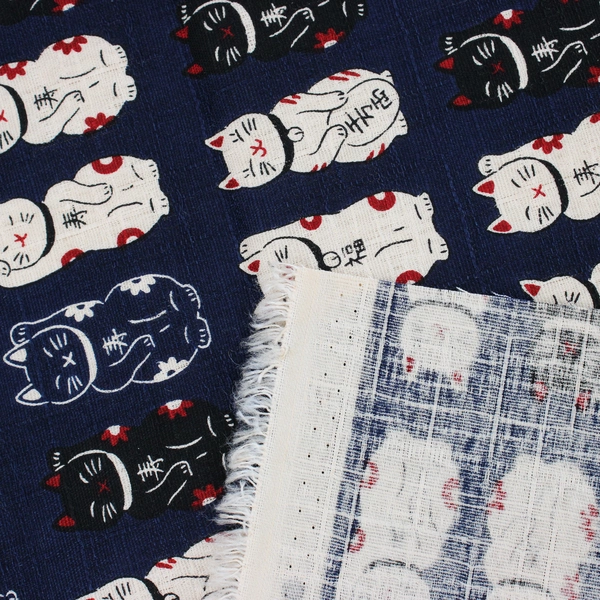 Cosmo Textile Co. Navy Blue Kawaii Lucky Cat Fabric 1 Yd x 44" W