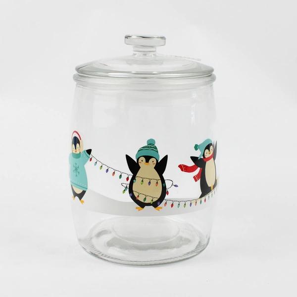 Clear Glass Cookie Jar with Lid 8" Tall Holiday Christmas Penguins