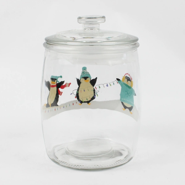 Clear Glass Cookie Jar with Lid 8" Tall Holiday Christmas Penguins
