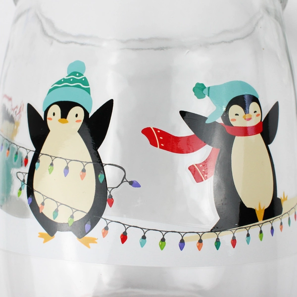 Clear Glass Cookie Jar with Lid 8" Tall Holiday Christmas Penguins