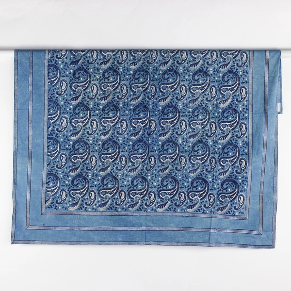Handblock Blue Paisley Pattern Cotton Tablecloth 52" x 52" Square FLAWED