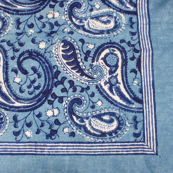 Handblock Blue Paisley Pattern Cotton Tablecloth 52" x 52" Square FLAWED