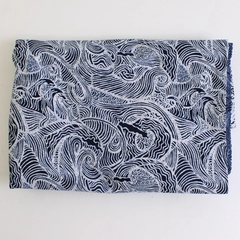 Indigo Wax Katagami Navy & White Ocean Wave Print Cotton Fabric 1.5 Yd x 45" W