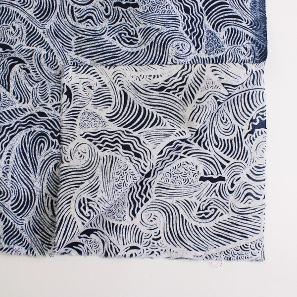 Indigo Wax Katagami Navy & White Ocean Wave Print Cotton Fabric 1.5 Yd x 45" W