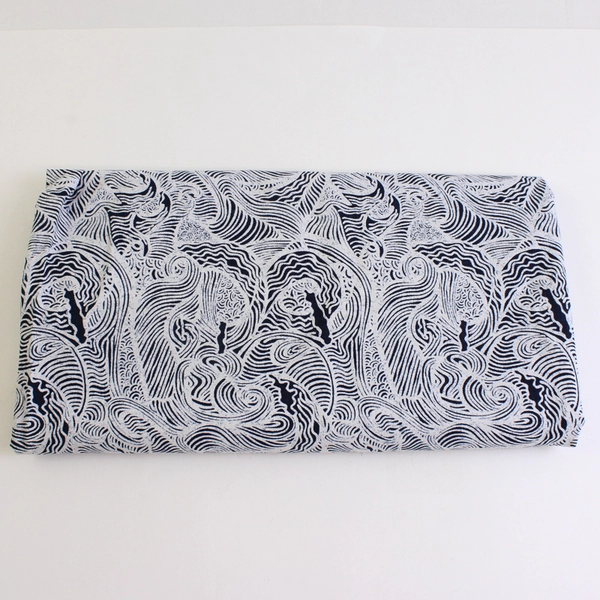 Indigo Wax Katagami Navy & White Ocean Wave Print Cotton Fabric 1.5 Yd x 45" W