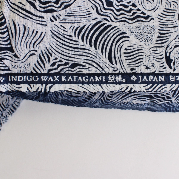 Indigo Wax Katagami Navy & White Ocean Wave Print Cotton Fabric 1.5 Yd x 45" W