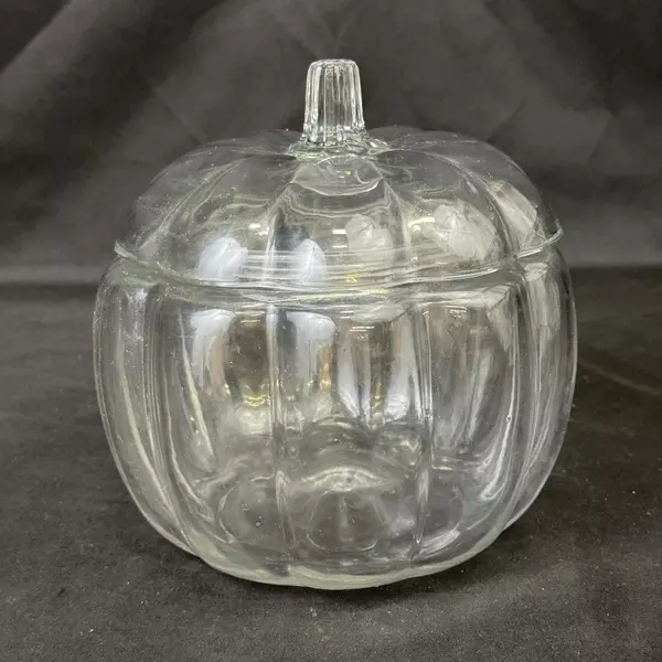 Vintage Clear Glass Pumpkin Candy Dish Jar With Lid 7 Inch
