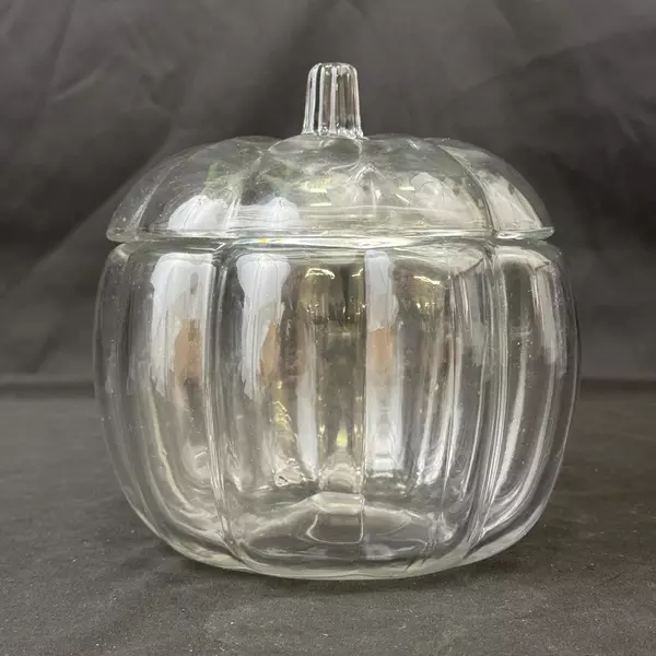 Vintage Clear Glass Pumpkin Candy Dish Jar With Lid 7 Inch