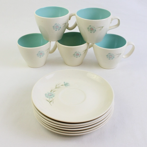 11 Piece Set Taylor Smith & Taylor Boutonniere Ceramic Coffee Cups and Saucers