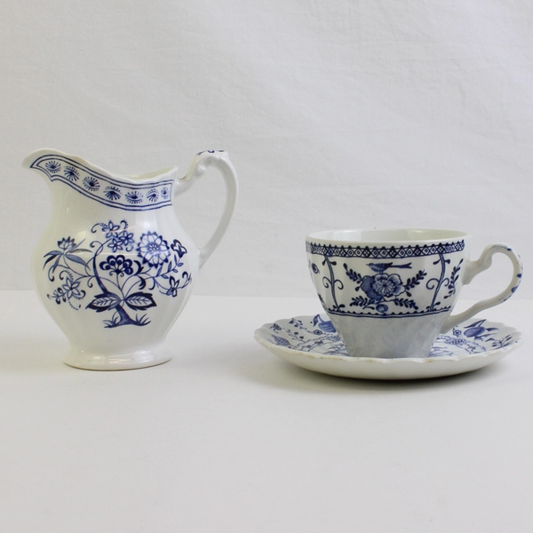 Set of 3 Tea Cup Saucer Creamer Blue Flower Fine China English Ceramic