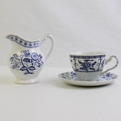 Set of 3 Tea Cup Saucer Creamer Blue Flower Fine China English Ceramic