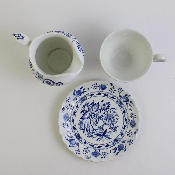 Set of 3 Tea Cup Saucer Creamer Blue Flower Fine China English Ceramic