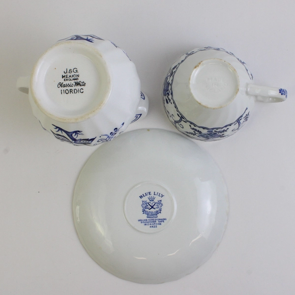 Set of 3 Tea Cup Saucer Creamer Blue Flower Fine China English Ceramic