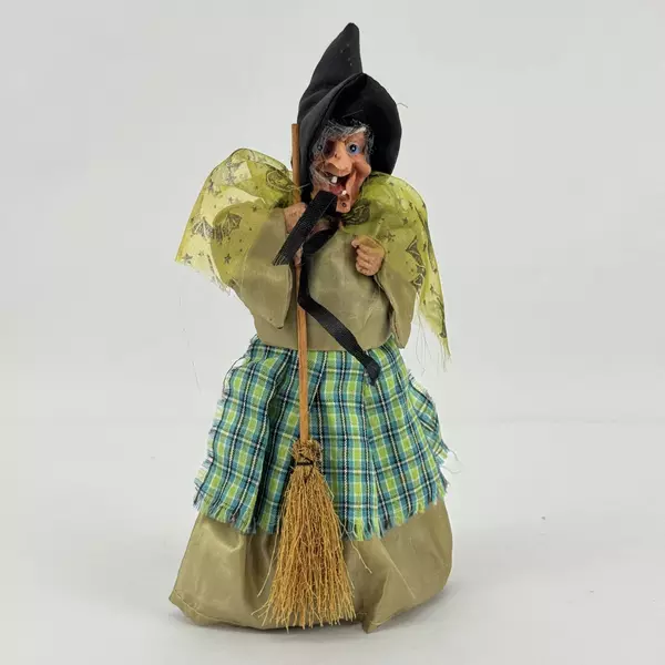 Vintage Halloween Witch Figurine with Broomstick 8.5" Tall Seasonal Decor