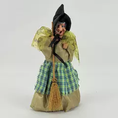 Vintage Halloween Witch Figurine with Broomstick 8.5" Tall Seasonal Decor
