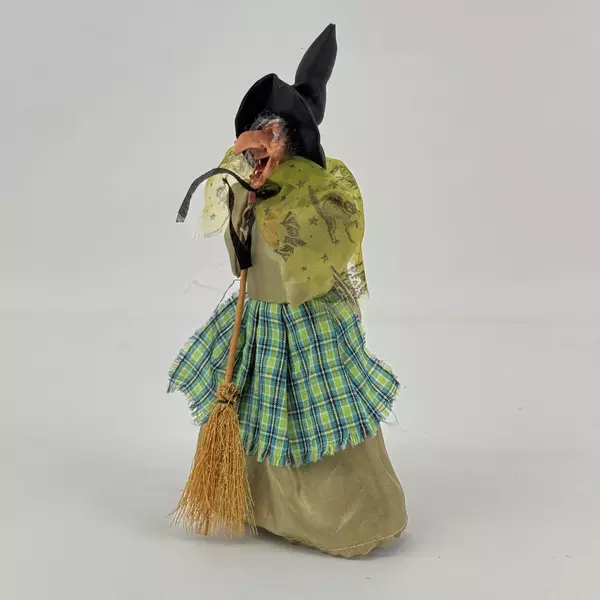 Vintage Halloween Witch Figurine with Broomstick 8.5" Tall Seasonal Decor