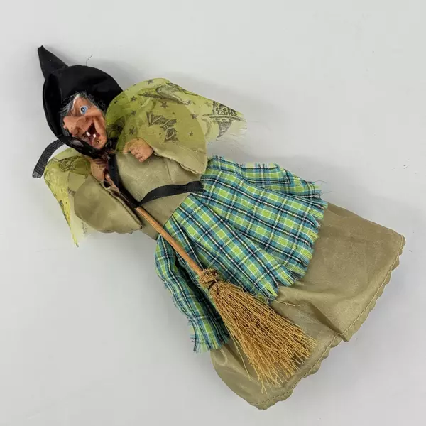 Vintage Halloween Witch Figurine with Broomstick 8.5" Tall Seasonal Decor