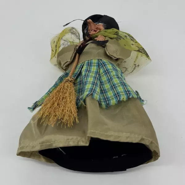 Vintage Halloween Witch Figurine with Broomstick 8.5" Tall Seasonal Decor