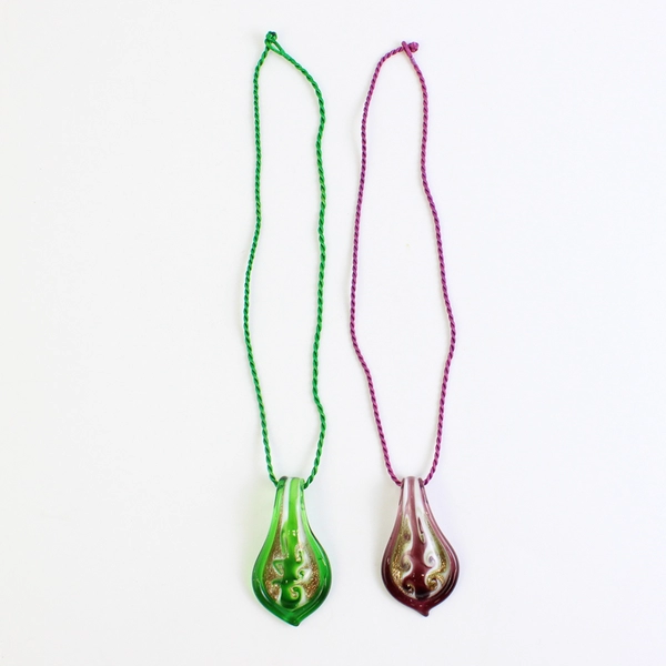 Lot of 2 Hand-Blown Art Glass Teardrop Pendant Necklaces Green and Purple