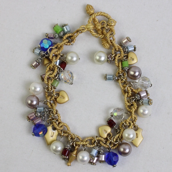 Gold-Tone Padlock Faux Pearl Beaded Charm Bracelet Toggle Clasp 8"