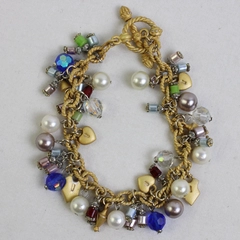 Gold-Tone Padlock Faux Pearl Beaded Charm Bracelet Toggle Clasp 8"