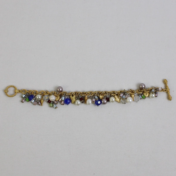 Gold-Tone Padlock Faux Pearl Beaded Charm Bracelet Toggle Clasp 8"