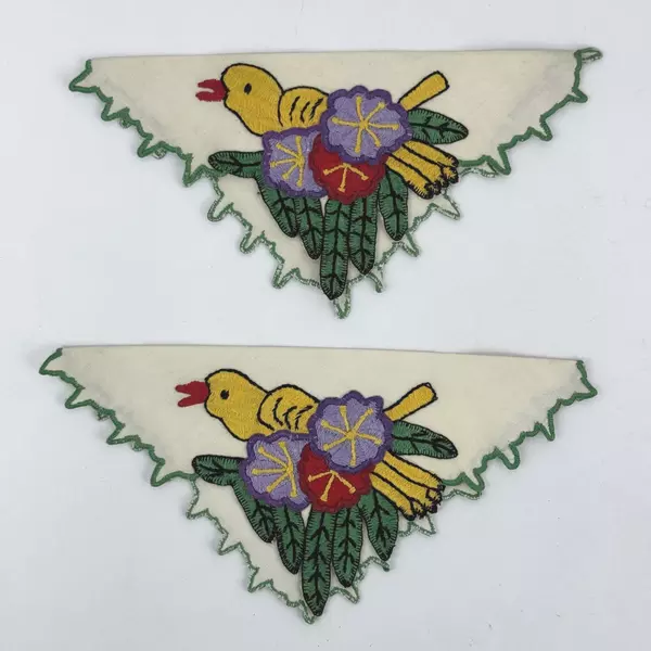 Lot of 2 Vintage Hand Embroidered Linen Table Napkins Yellow Bird And Flowers